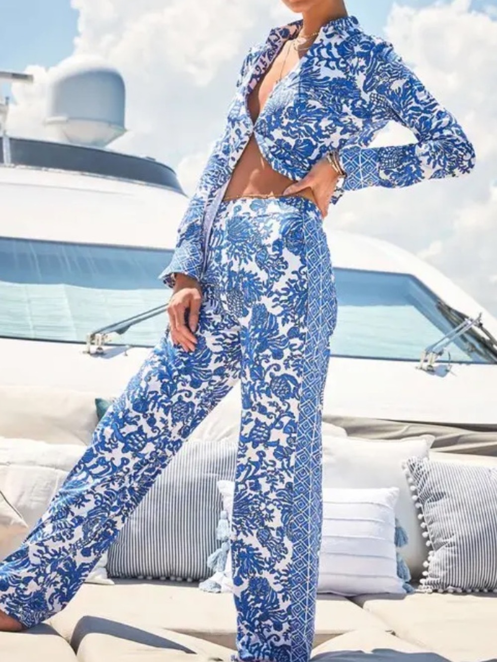 Lilly Pulitzer Grenada Blue & White Sea Life Printed Wide Leg UPF Pants
